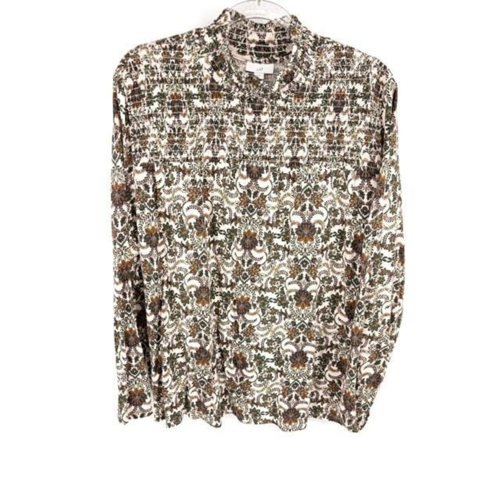 J. Jill Smocked Mock Neck Blouse 3X Long Sleeve‎ Paisley Floral Tapestry Print